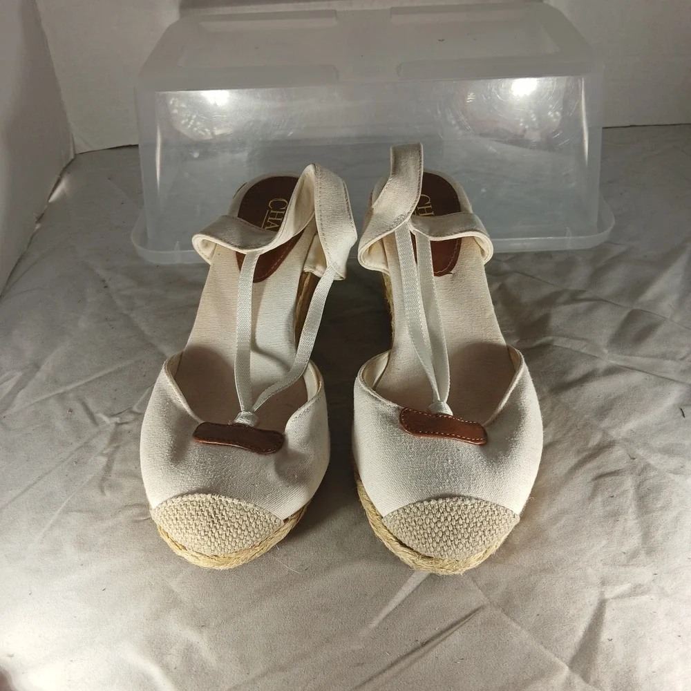 Chaps Clarisa Cream Espadrille Wedge Sandals Women Size 7B Slingback Tan‎